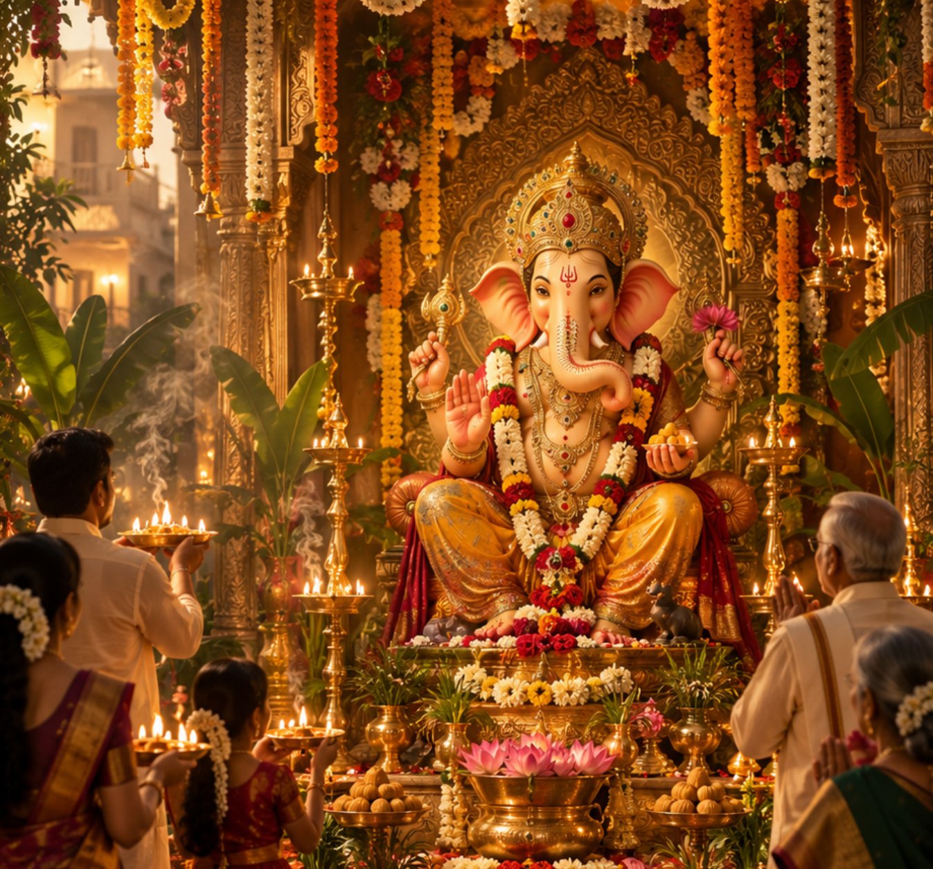 Residents performing Ganesha puja and aarti