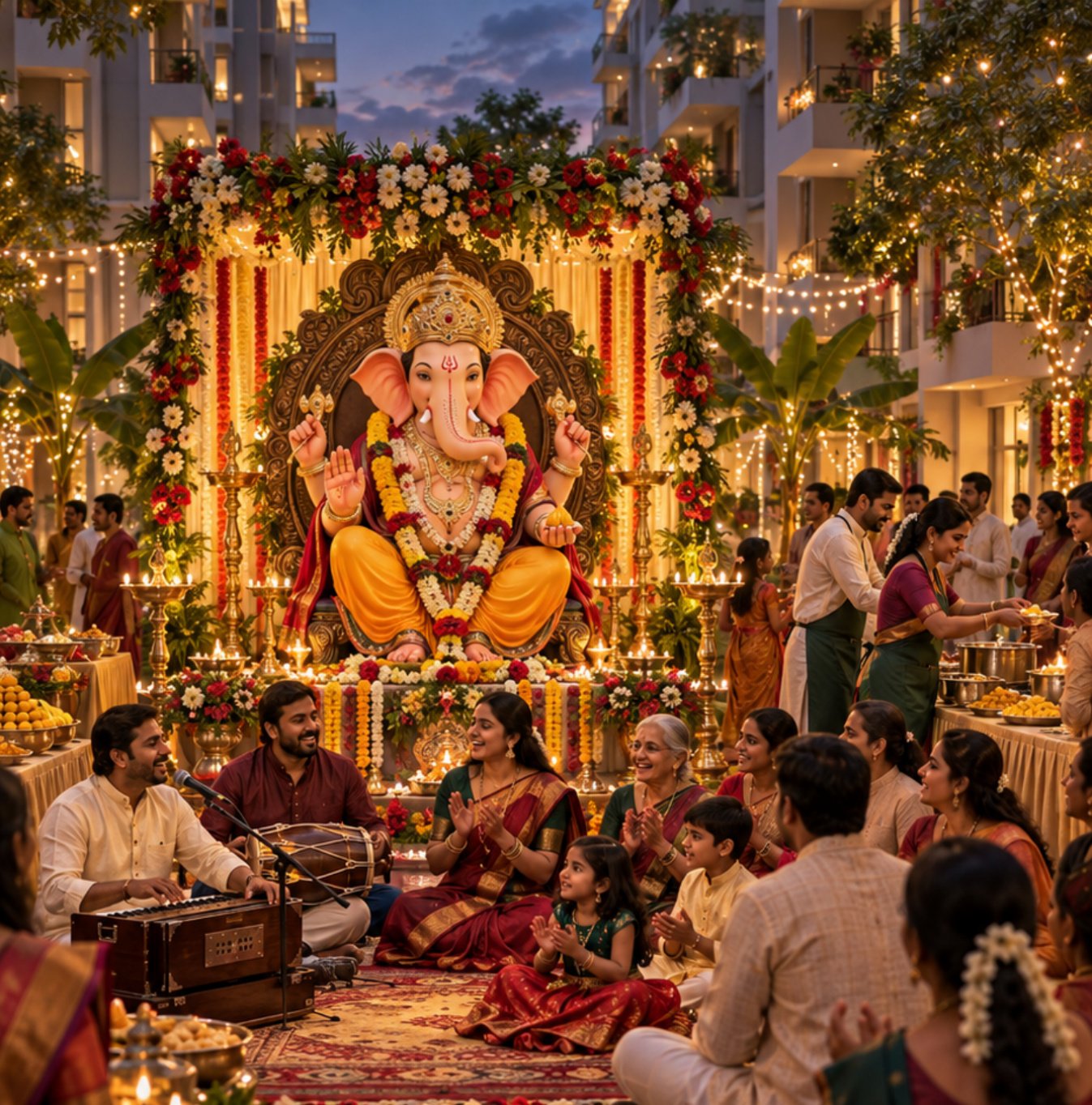 Residents sharing Mahaprasada during Ganesha celebration